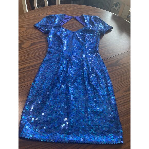Adrianna Papell Evening blue sequined short sleeved party prom dress size 4 - Picture 3 of 5